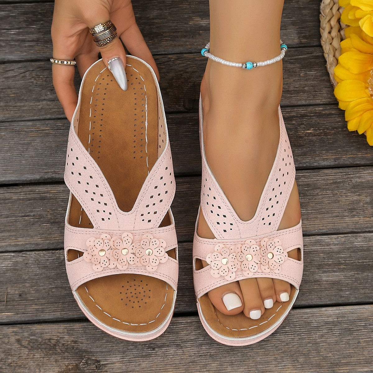Floral Studded Cutout Wedge Slippers - Pink