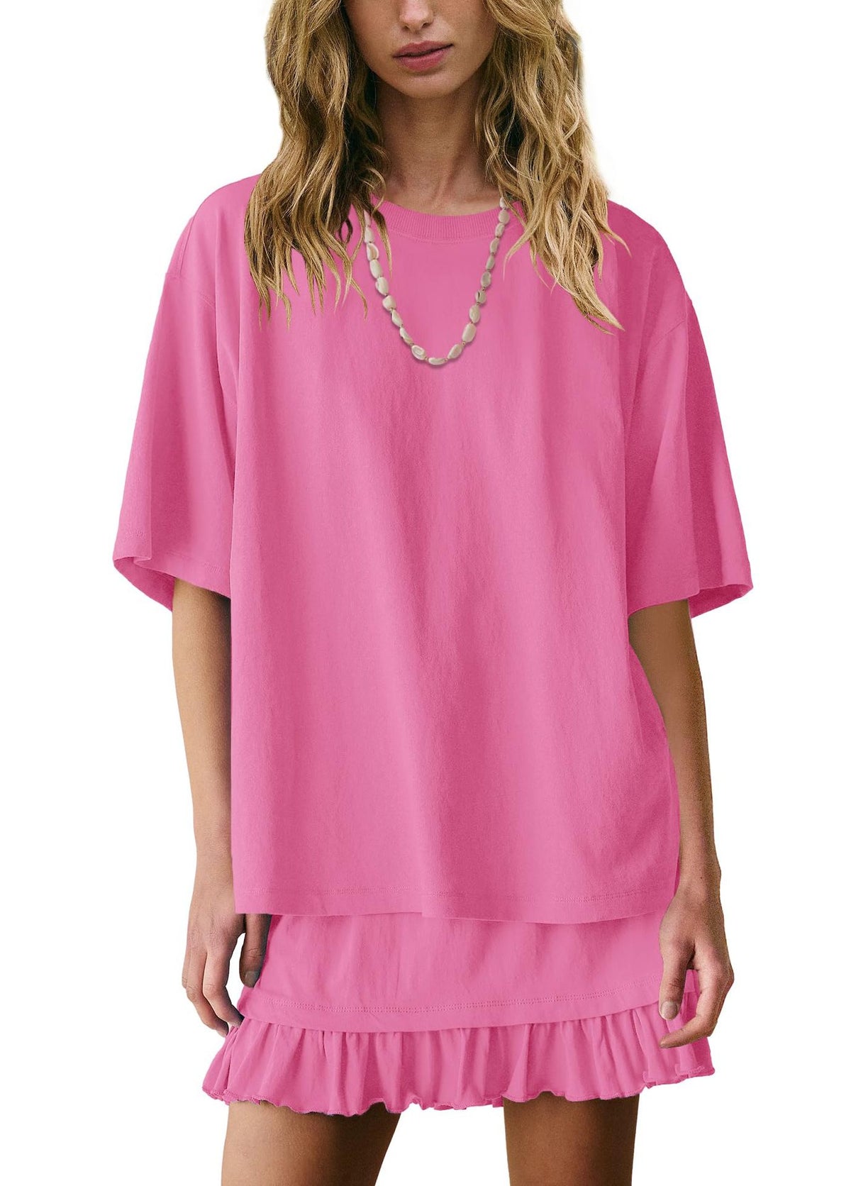 Drop Shoulder Tee And Ruffle Skirt Set - Pink