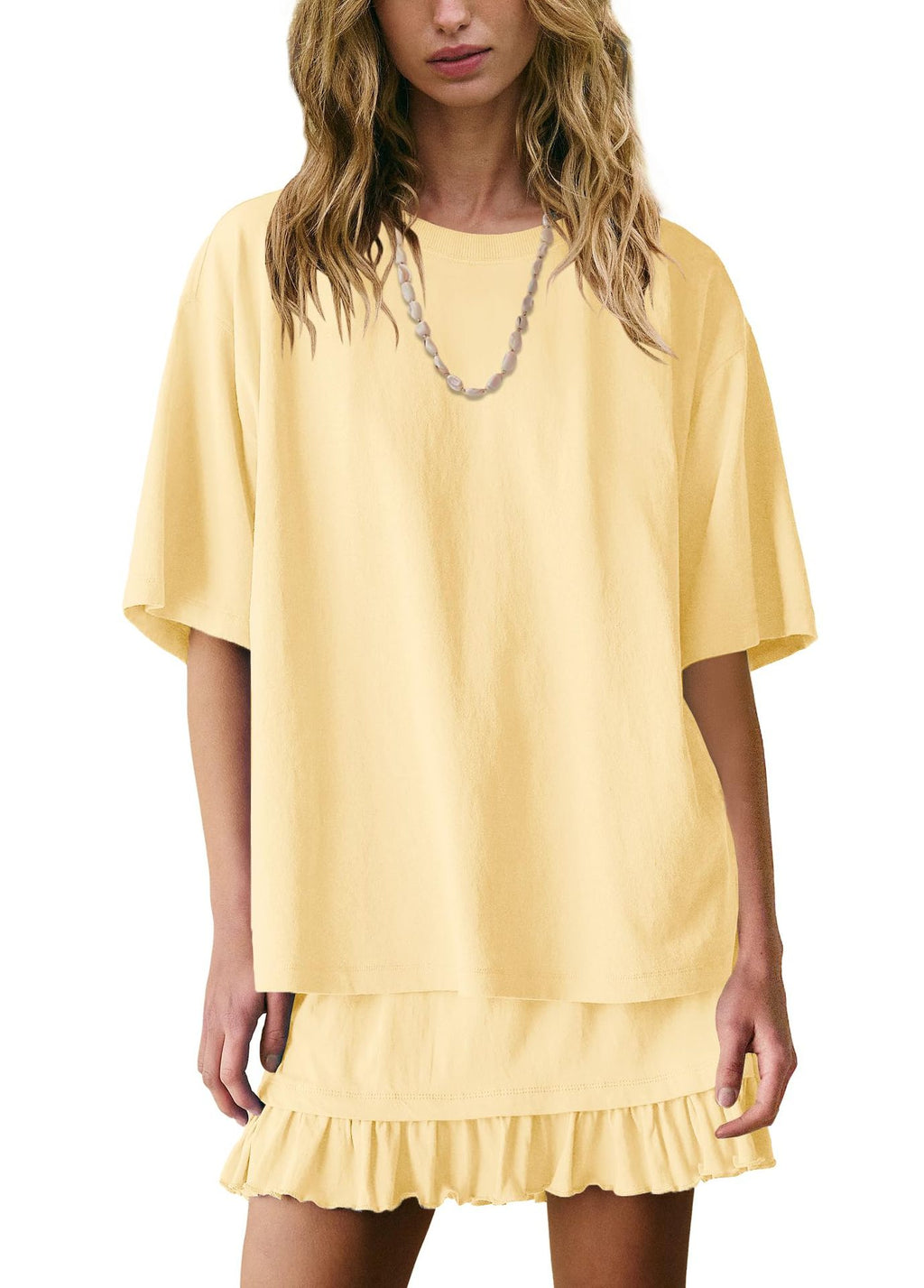Drop Shoulder Tee And Ruffle Skirt Set - Yellow