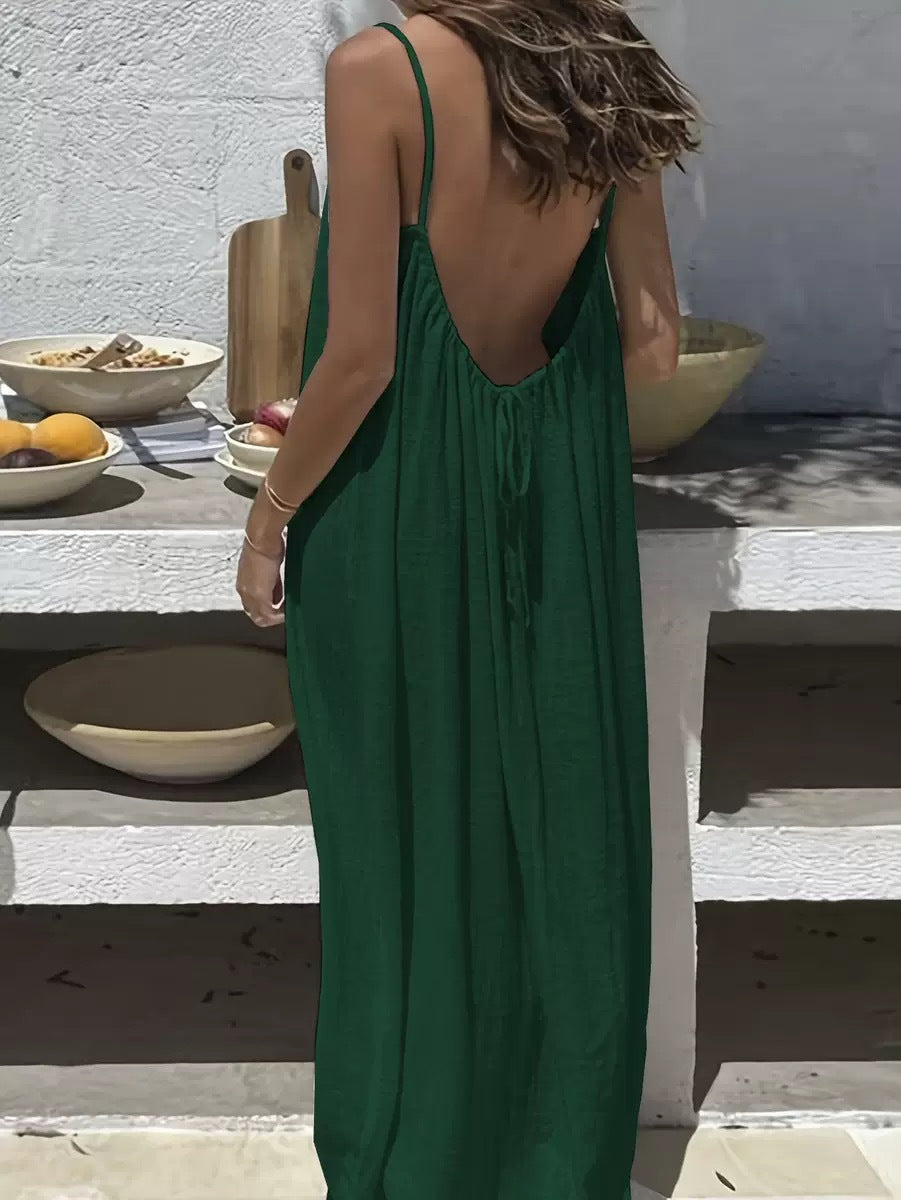 Oversized Cami Maxi Dress With Open Back - DkGreen