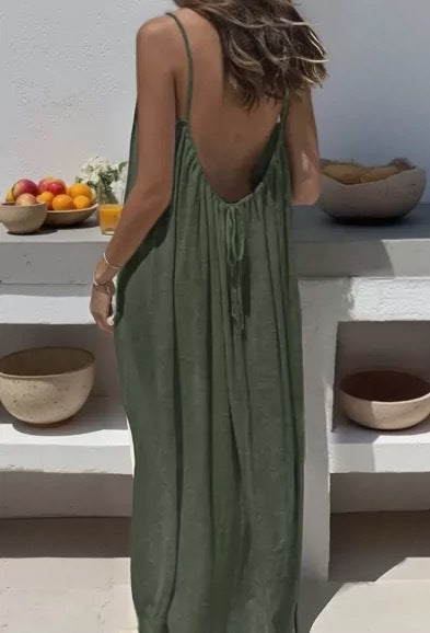 Oversized Cami Maxi Dress With Open Back - Olive