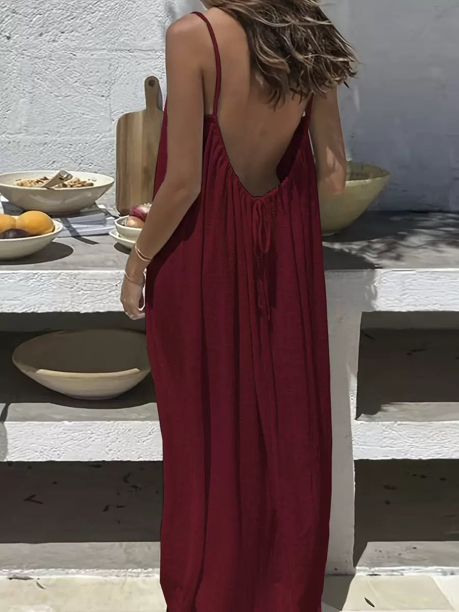 Oversized Cami Maxi Dress With Open Back - WineRed