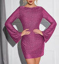 Glitter Open Back Bell Sleeve Mini Dress - Purple