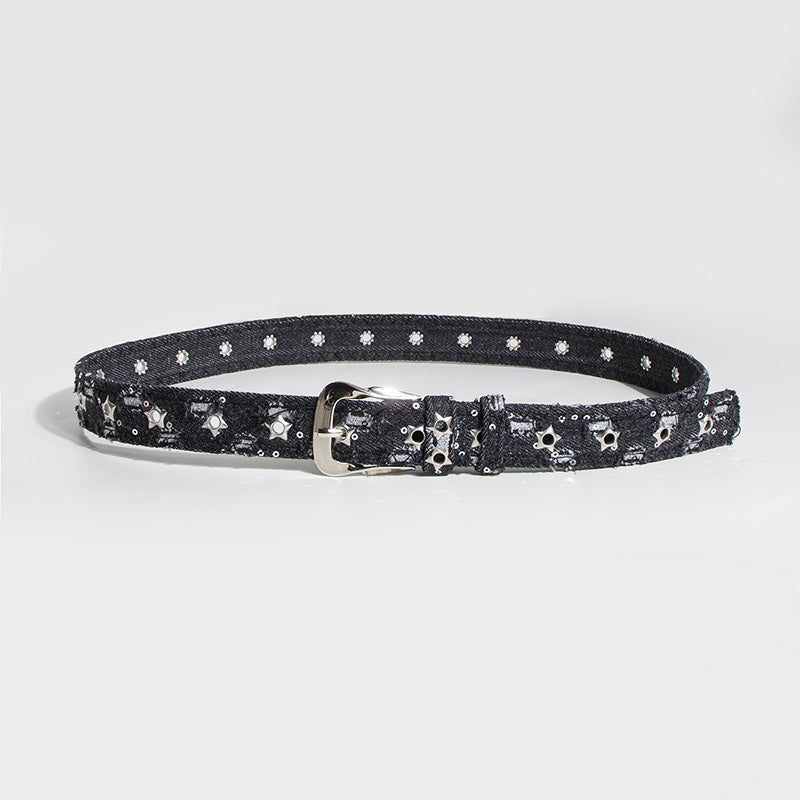 Star Studded Distressed Denim Belt - Black