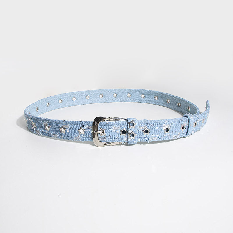 Star Studded Distressed Denim Belt - Blue