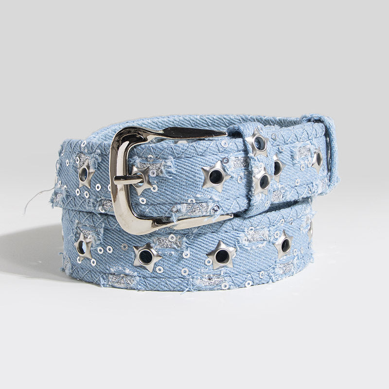 Star Studded Distressed Denim Belt - Blue - 1