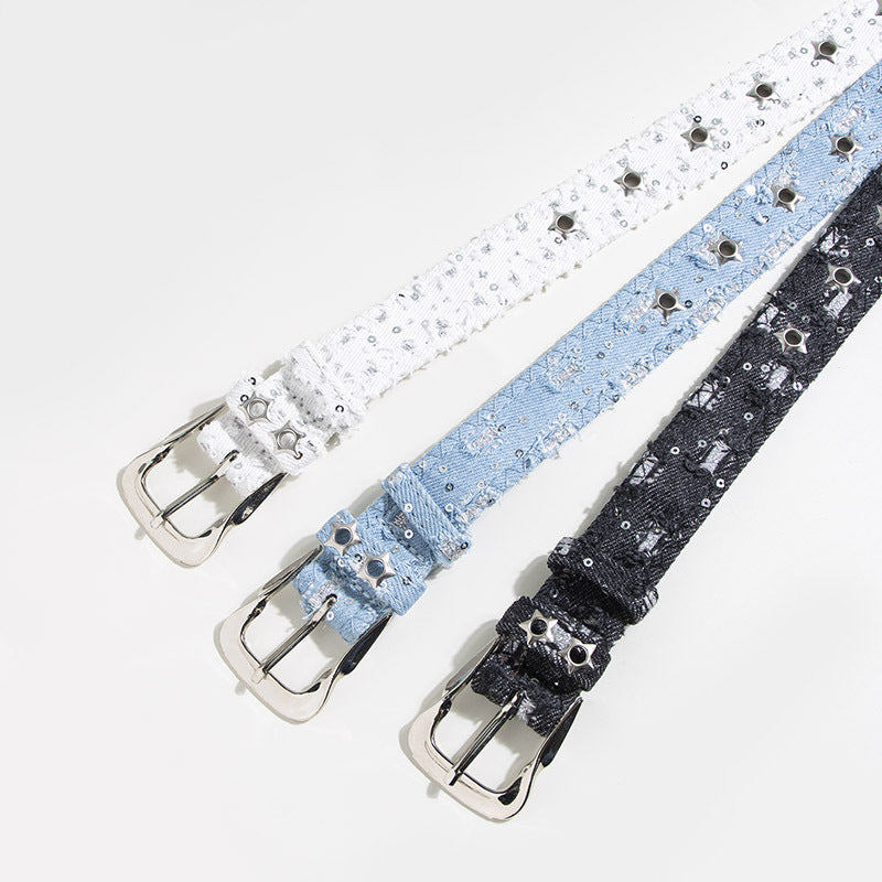 Star Studded Distressed Denim Belt - Blue - 2