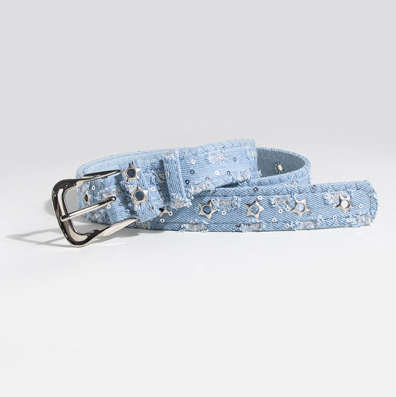 Star Studded Distressed Denim Belt - Blue - 3