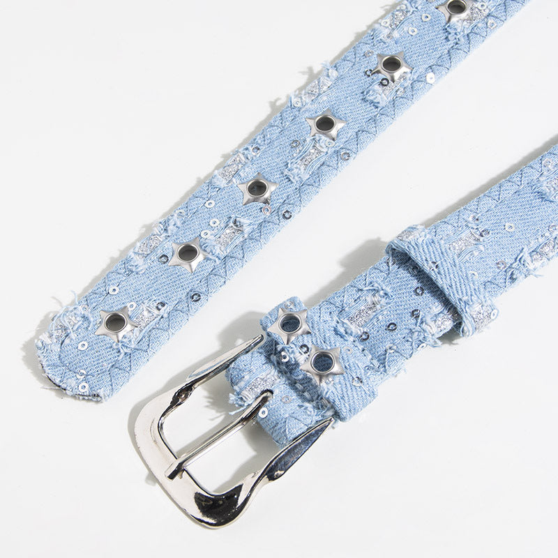 Star Studded Distressed Denim Belt - Blue - 4