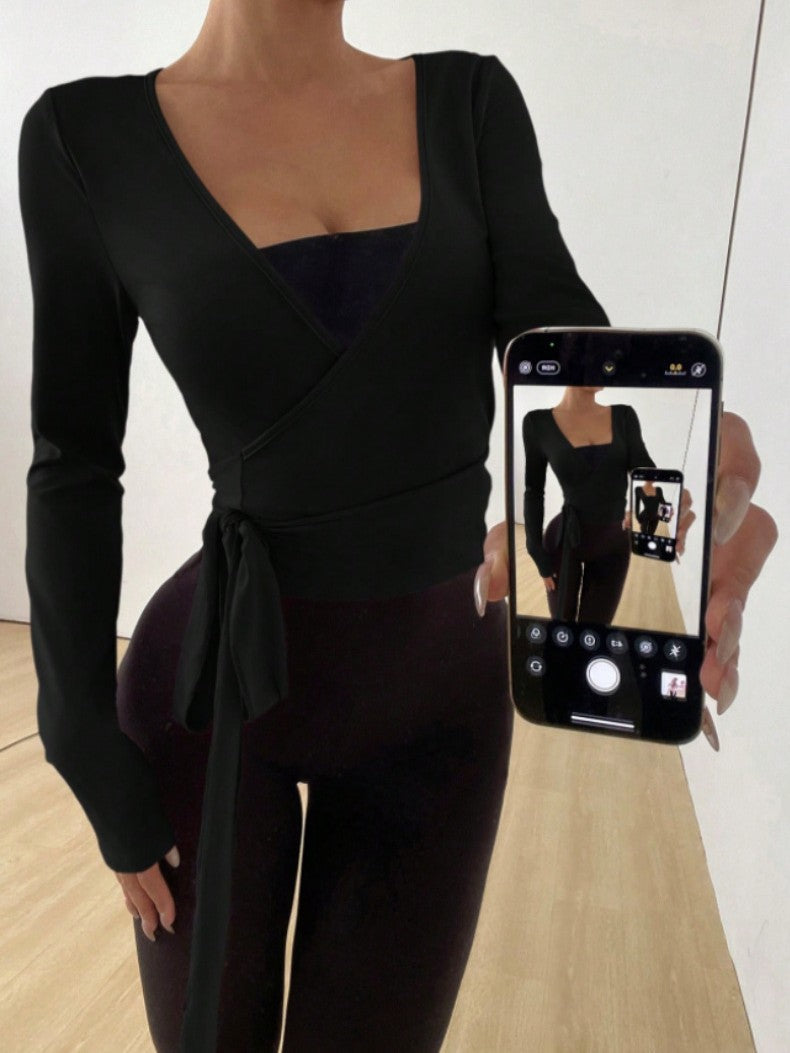 Deep V Wrap Long Sleeve Yoga Top - Black - 1