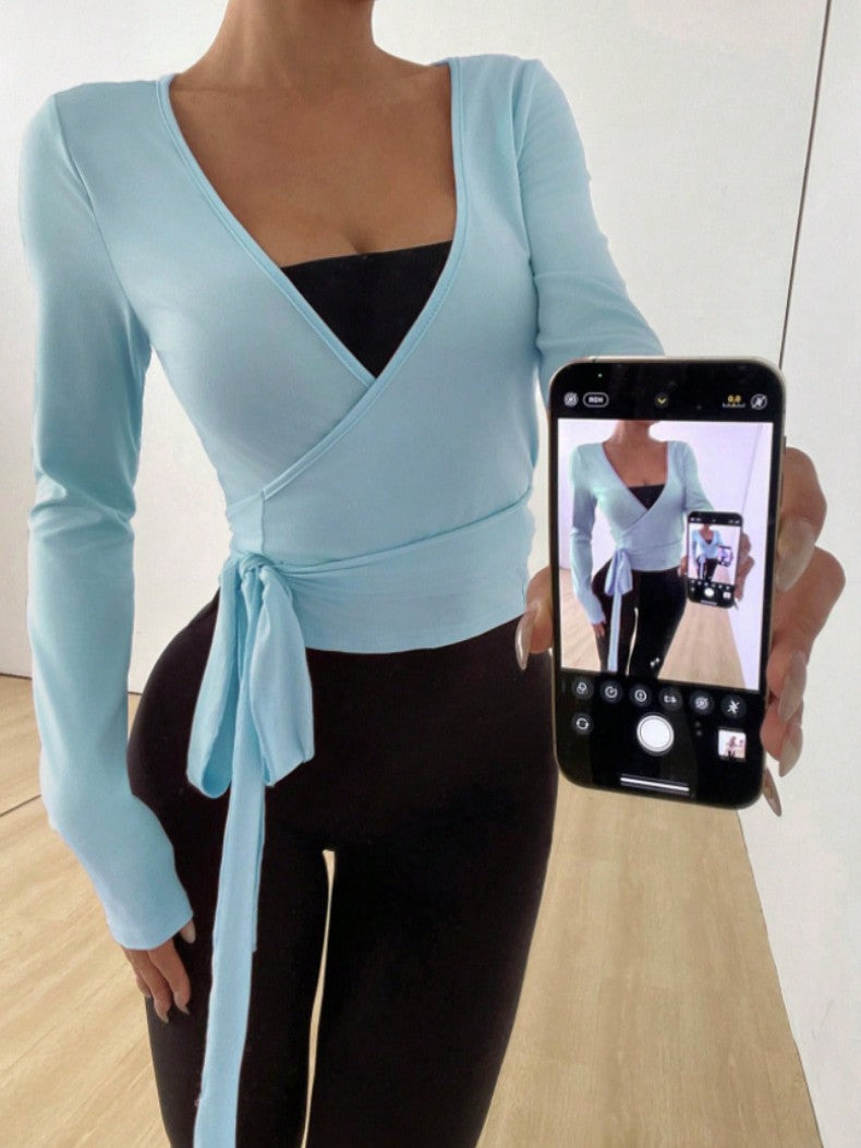 Deep V Wrap Long Sleeve Yoga Top - Blue - 2
