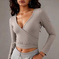 Deep V Wrap Long Sleeve Yoga Top - Khaki
