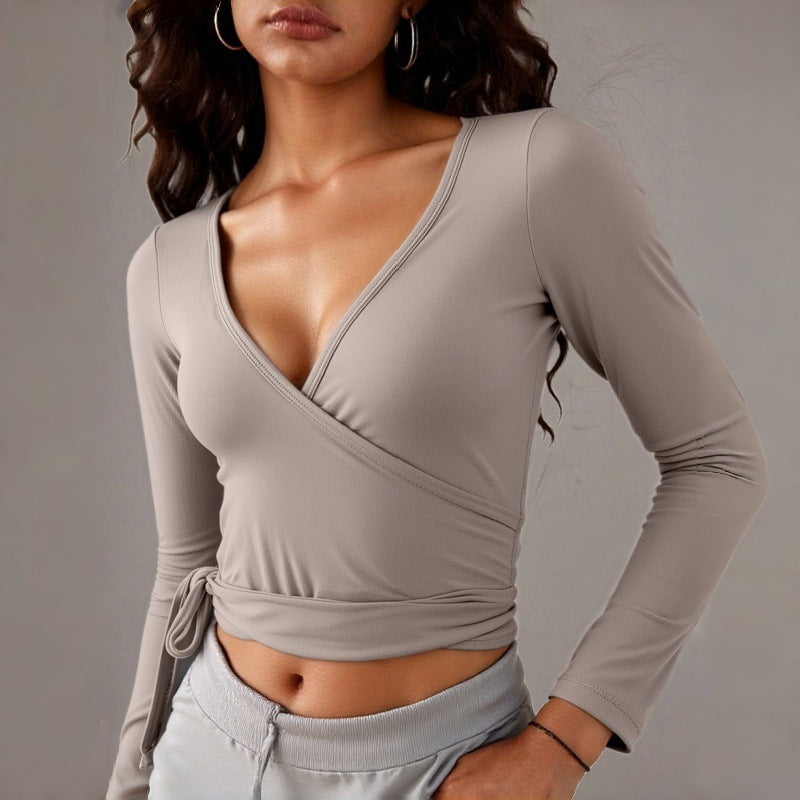Deep V Wrap Long Sleeve Yoga Top - Khaki