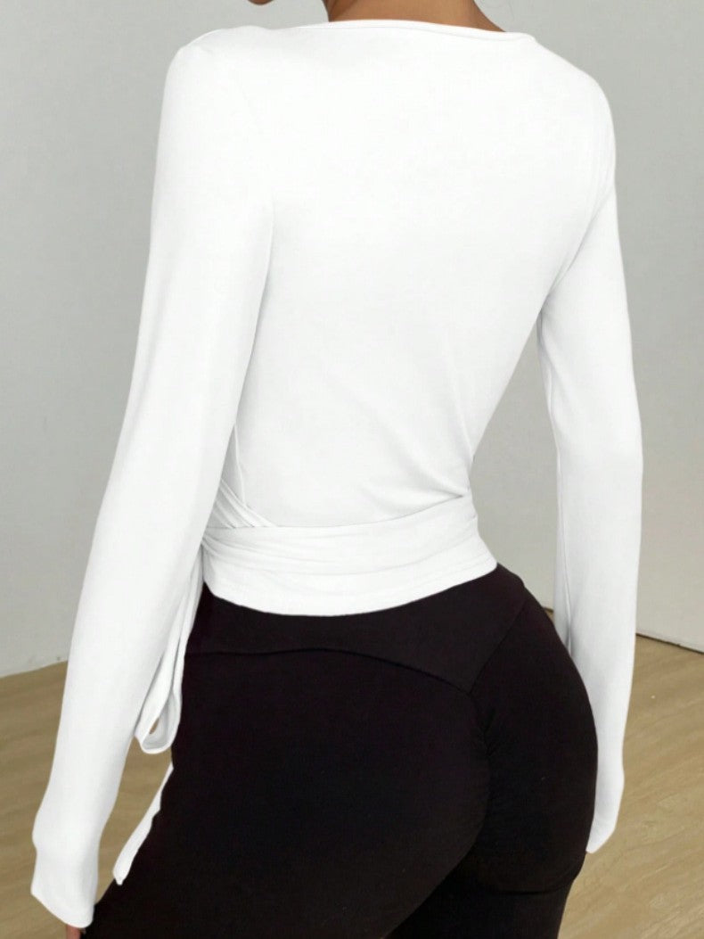 Deep V Wrap Long Sleeve Yoga Top - White - 1