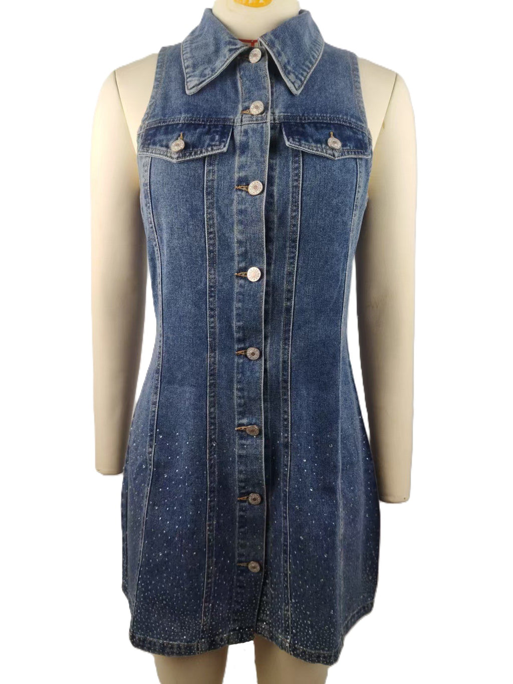Button Front Sleeveless Denim Mini Dress - Blue - 1
