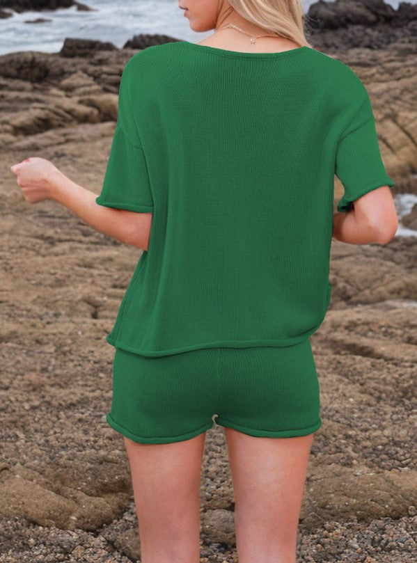 Ribbed Knit Short Sleeve Top and Shorts Set - Green - 1
