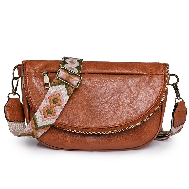 Vintage Half Moon Crossbody Bag with Guitar Strap - Cognac
