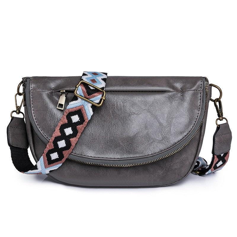 Vintage Half Moon Crossbody Bag with Guitar Strap - Gray
