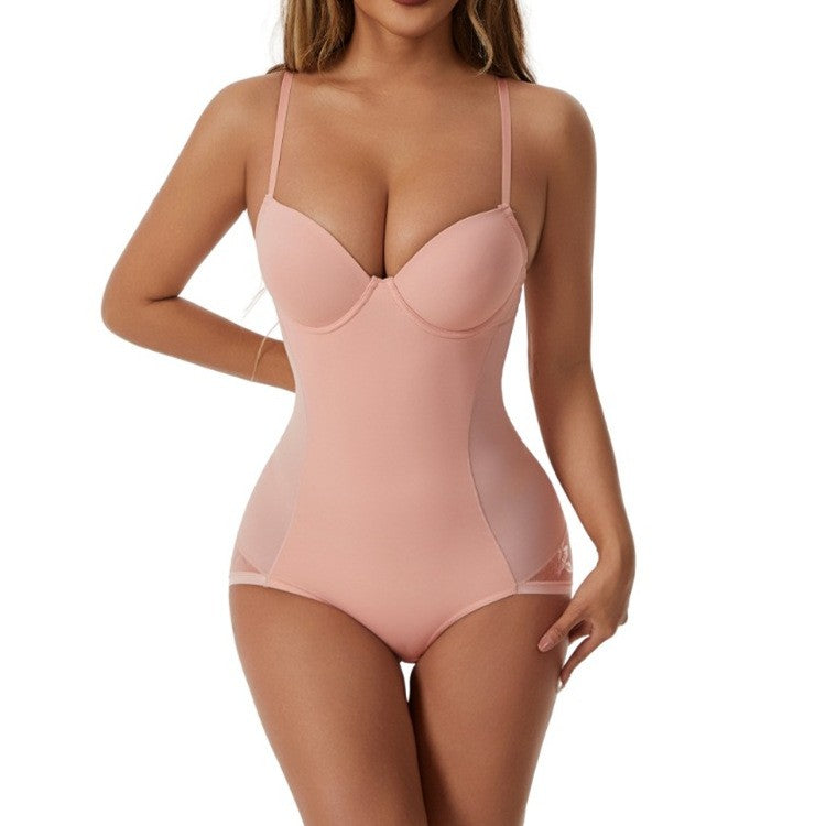 Underwire Push-Up Lace Trim Tummy Control Bodysuit - Blush Pink