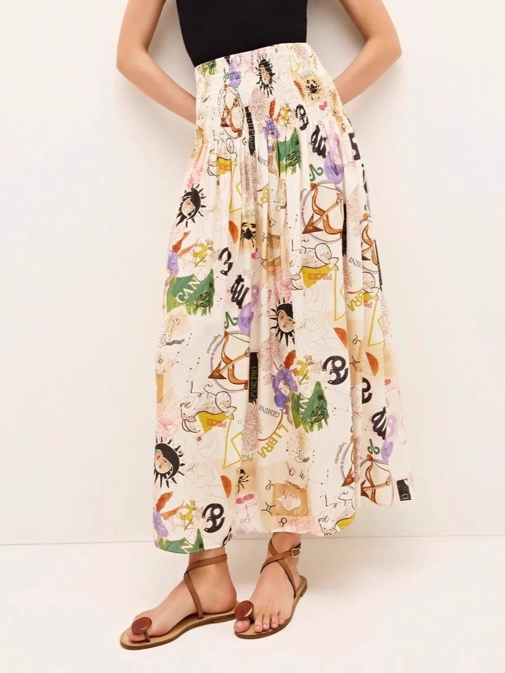 Illustrated Print Tiered Elastic Waist Skirt - Multi