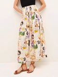 Illustrated Print Tiered Elastic Waist Skirt - Multi