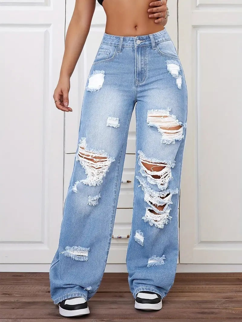 High Rise Distressed Wide Leg Jeans - Blue