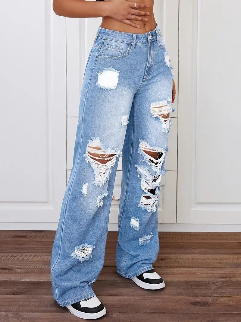 High Rise Distressed Wide Leg Jeans - Blue - 1
