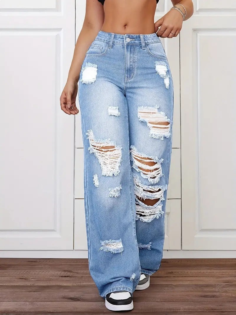 High Rise Distressed Wide Leg Jeans - Blue - 2