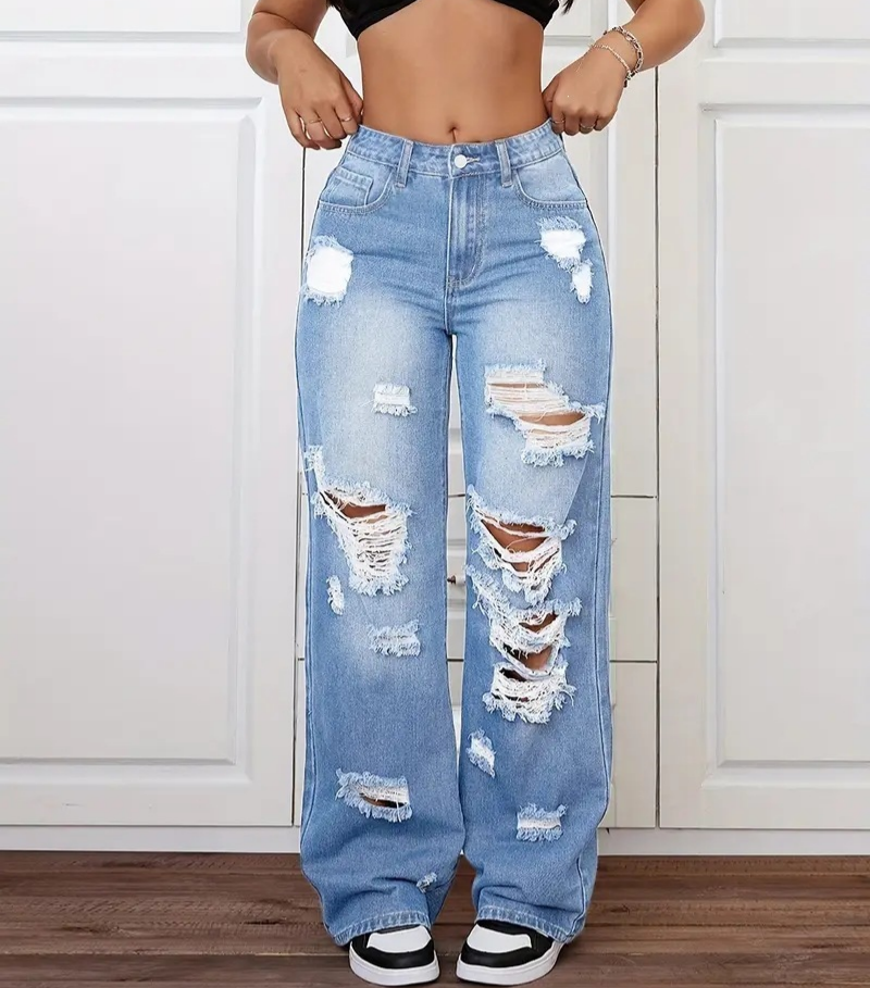 High Rise Distressed Wide Leg Jeans - Blue - 3