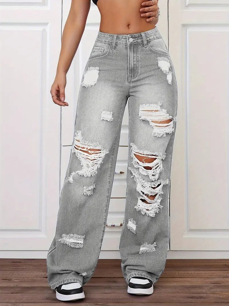 High Rise Distressed Wide Leg Jeans - Grey