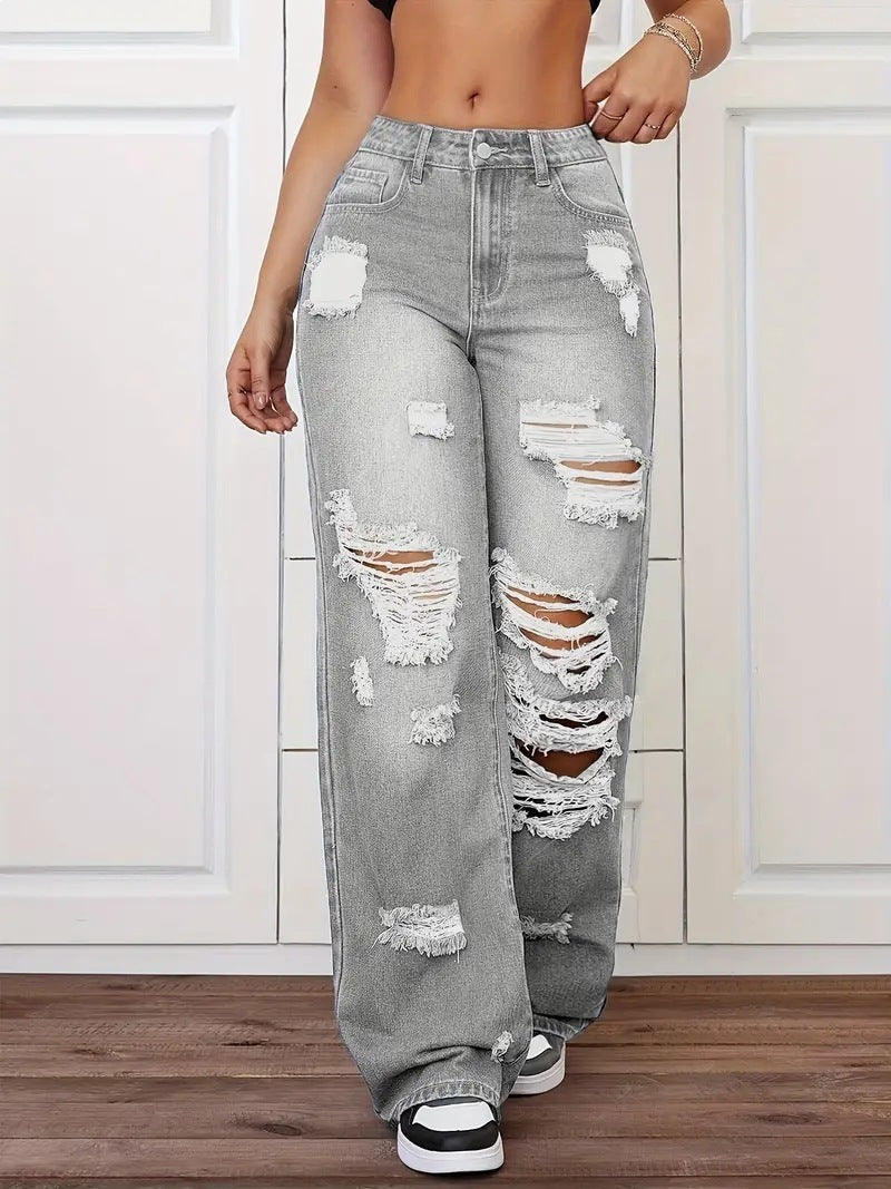 High Rise Distressed Wide Leg Jeans - Grey - 1