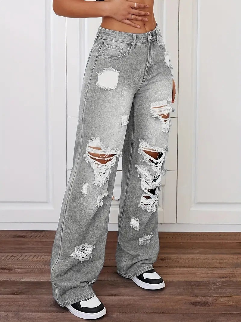 High Rise Distressed Wide Leg Jeans - Grey - 2
