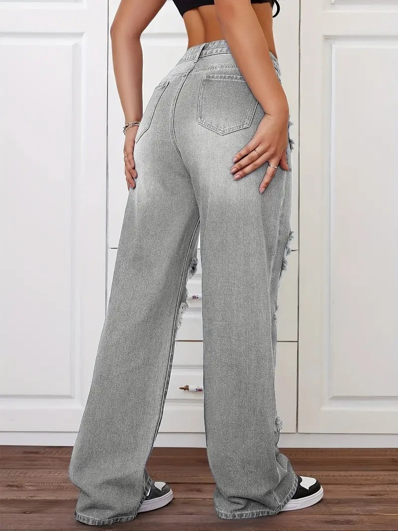 High Rise Distressed Wide Leg Jeans - Grey - 3