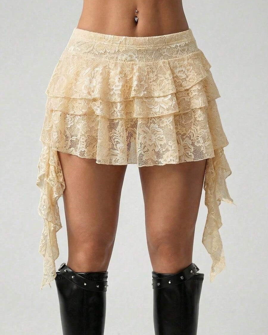 Coquette Ruffled Lace Micro Mini Skirt With Sashes - Apricot