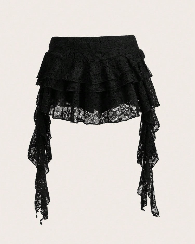 Coquette Ruffled Lace Micro Mini Skirt With Sashes - Black