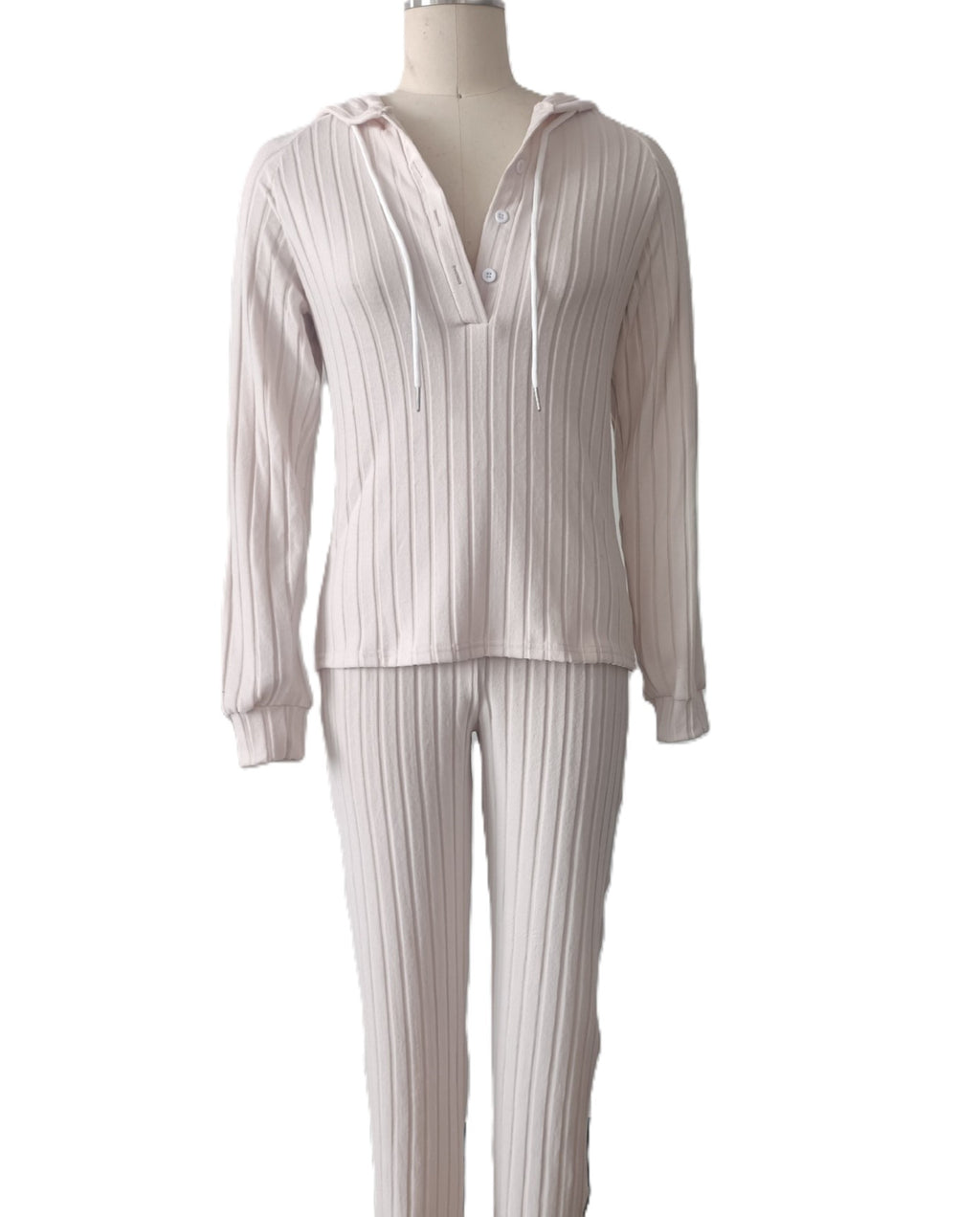 Hooded Button Placket Rib Lounge Set - Apricot