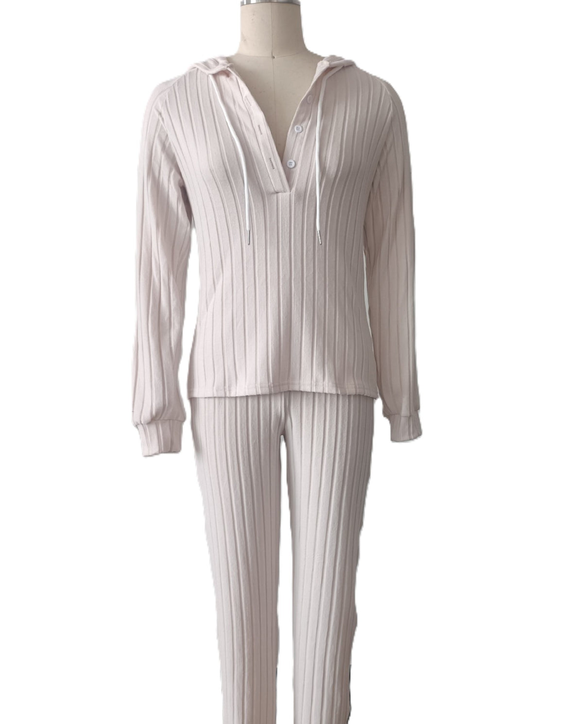 Hooded Button Placket Rib Lounge Set - Apricot