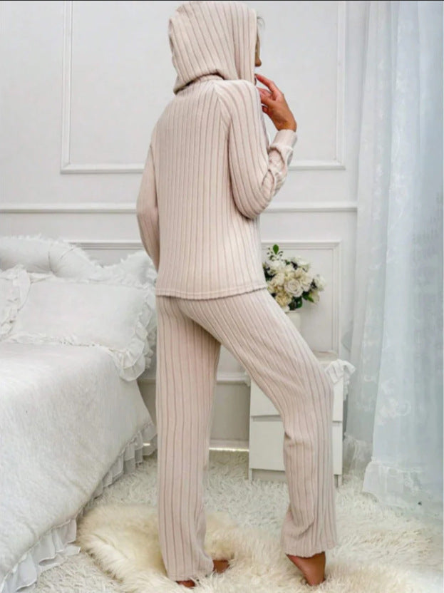 Hooded Button Placket Rib Lounge Set - Apricot - 2
