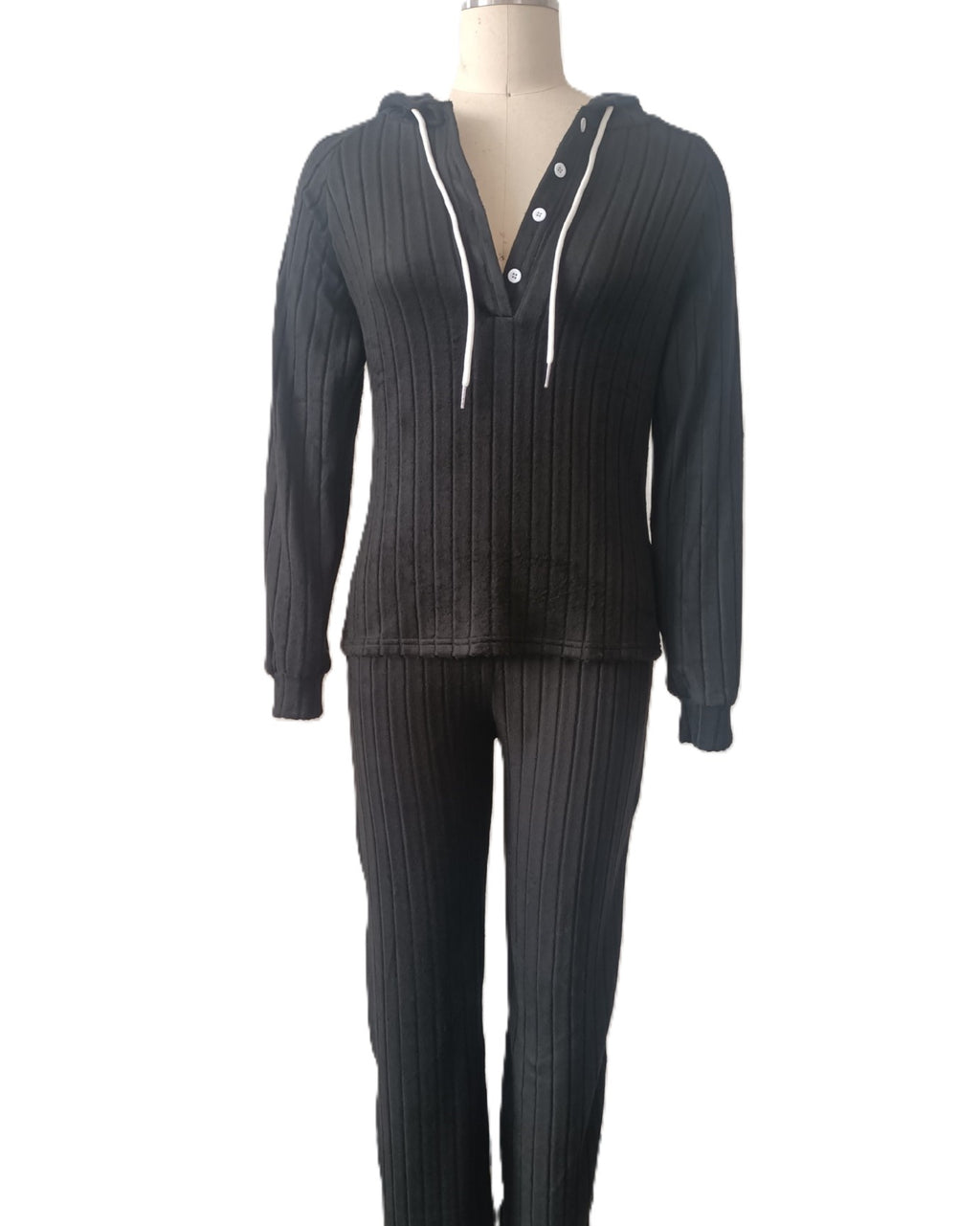 Hooded Button Placket Rib Lounge Set - Black - 1