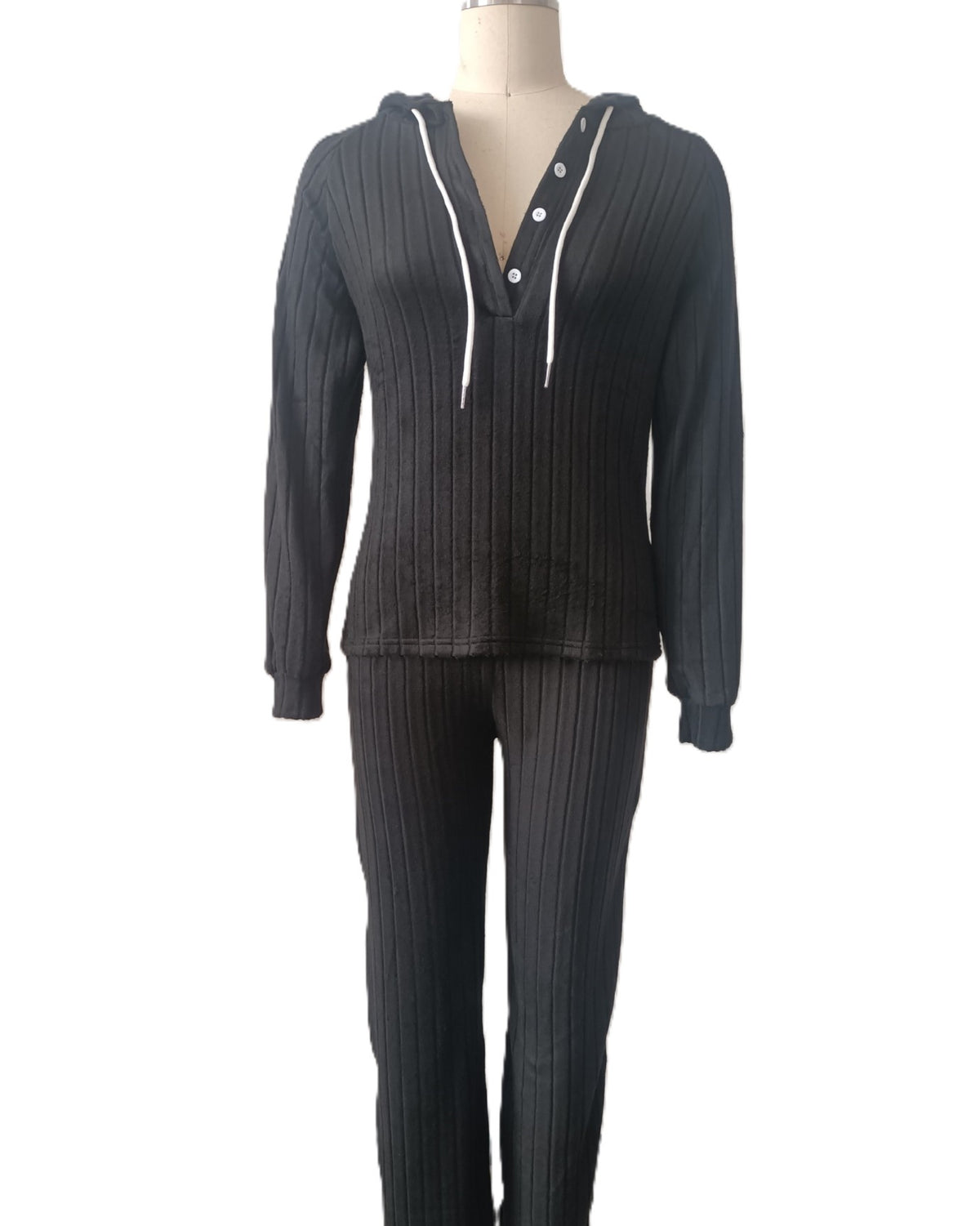 Hooded Button Placket Rib Lounge Set - Black - 1