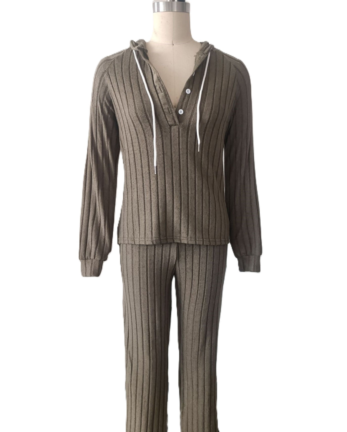 Hooded Button Placket Rib Lounge Set - Green