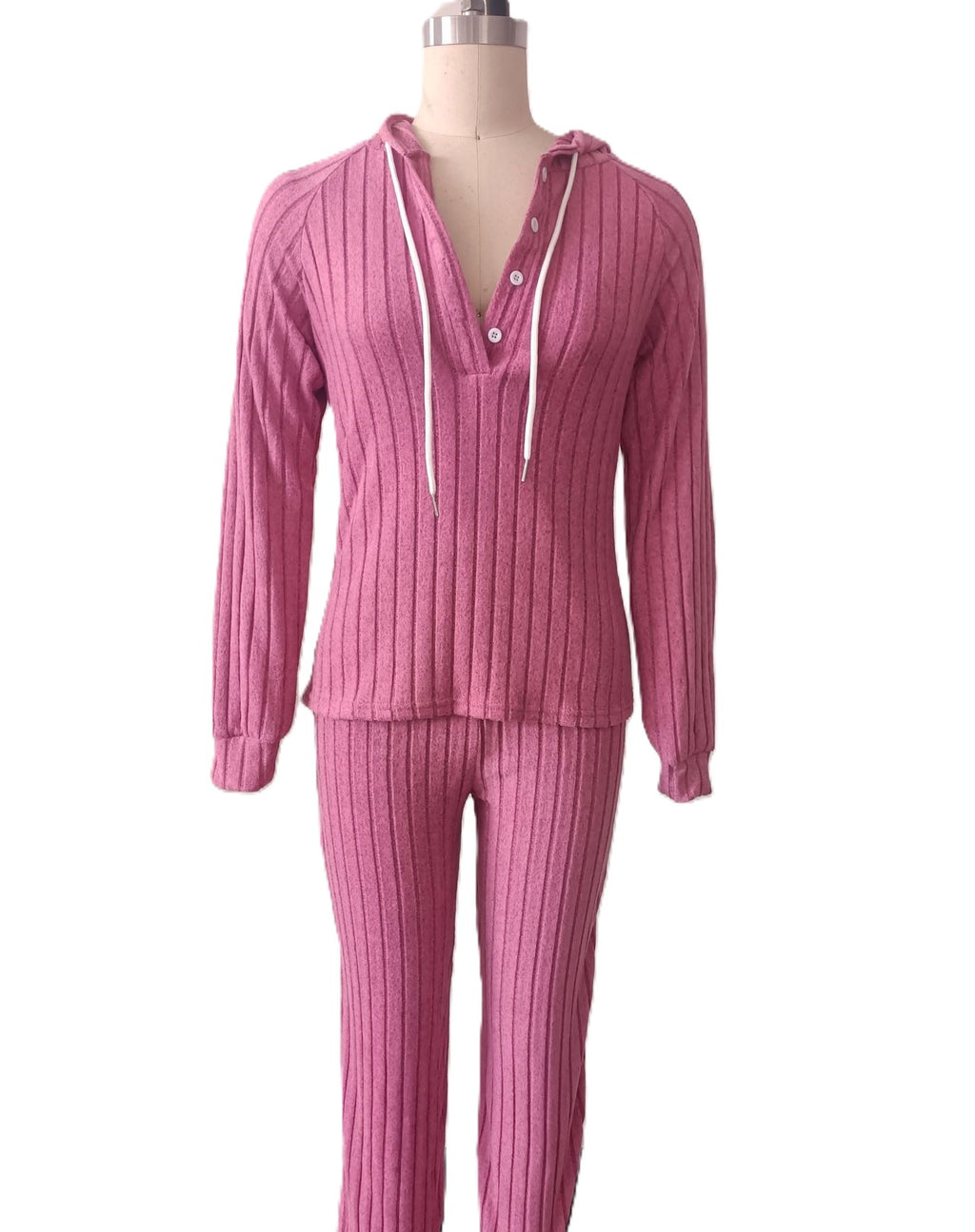 Hooded Button Placket Rib Lounge Set - Rosered
