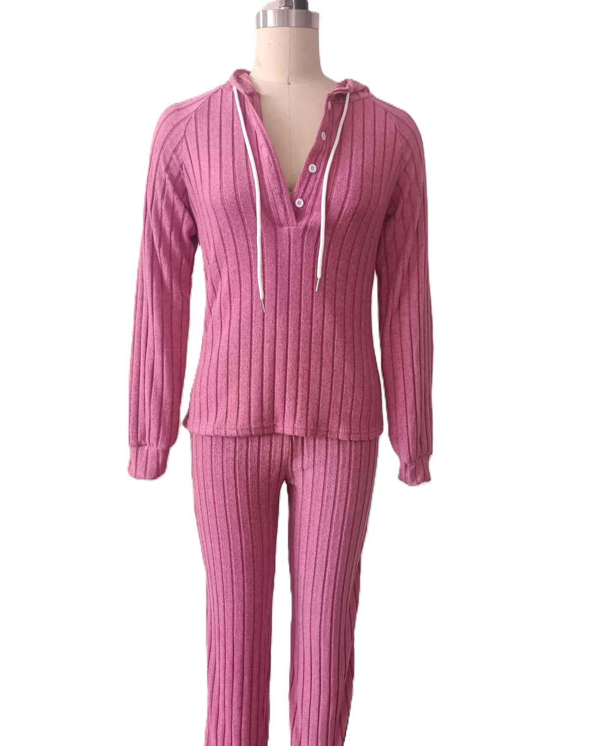 Hooded Button Placket Rib Lounge Set - Rosered