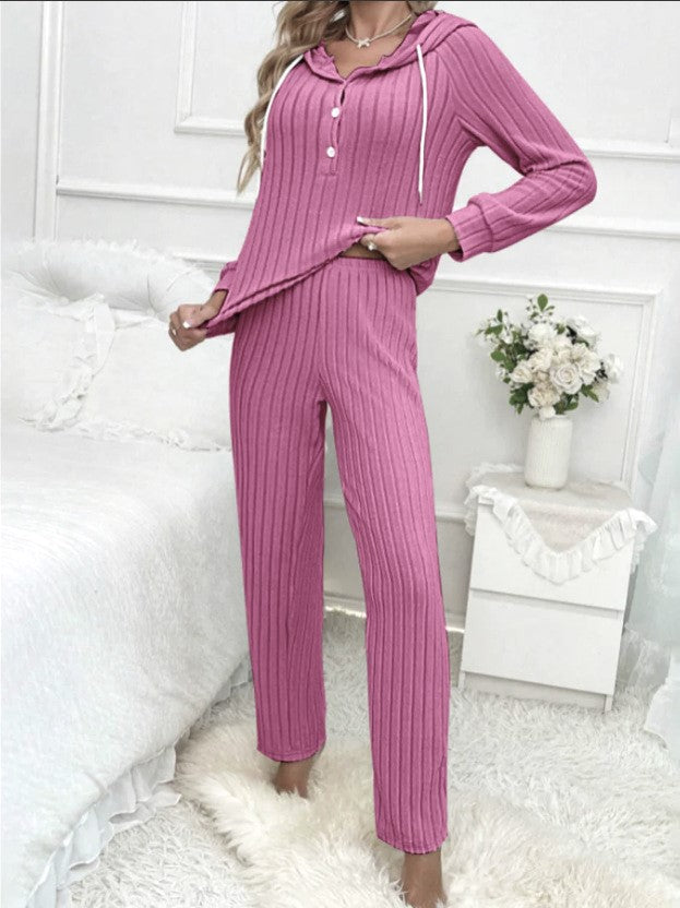 Hooded Button Placket Rib Lounge Set - Rosered - 1