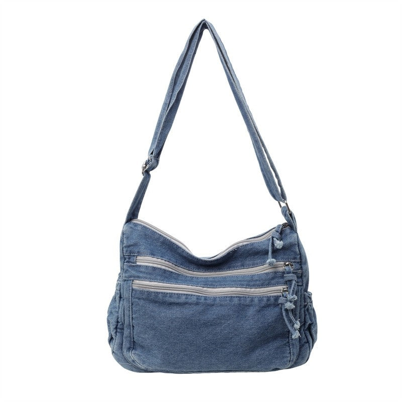 Washed Denim Multi-Zip Slouchy Shoulder Bag - Light Wash