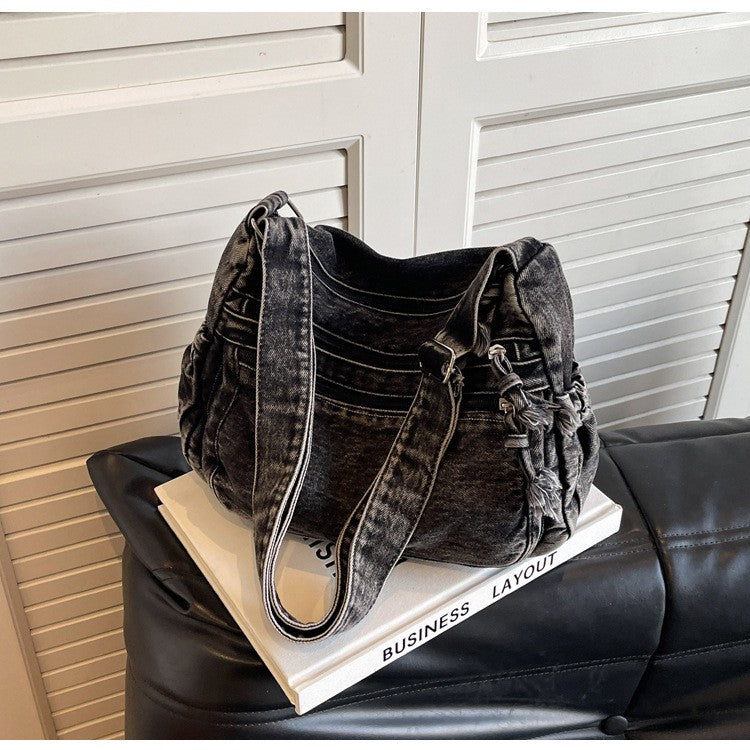 Washed Denim Multi-Zip Slouchy Shoulder Bag