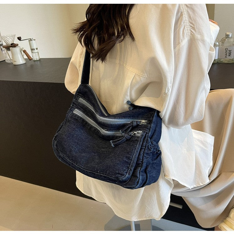 Washed Denim Multi-Zip Slouchy Shoulder Bag