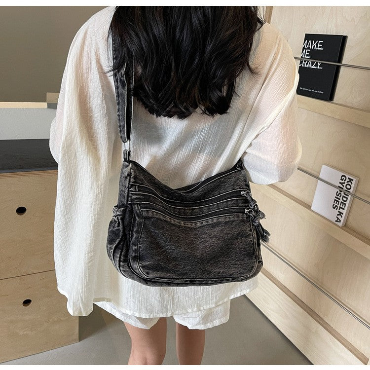 Washed Denim Multi-Zip Slouchy Shoulder Bag