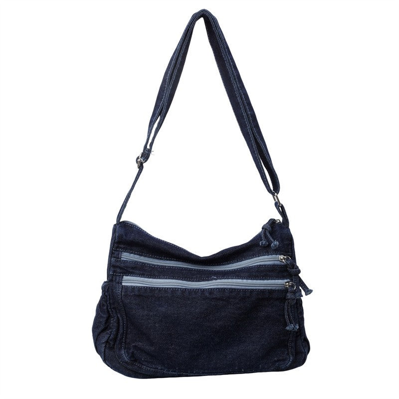 Washed Denim Multi-Zip Slouchy Shoulder Bag