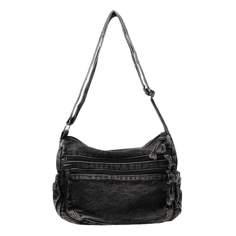 Washed Denim Multi-Zip Slouchy Shoulder Bag
